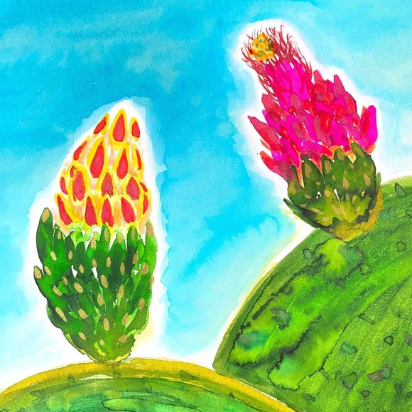 Fruition - Original Wall Art Handmade Watercolor Cactus Flower Painting 11"x14" - Picture 1 of 7